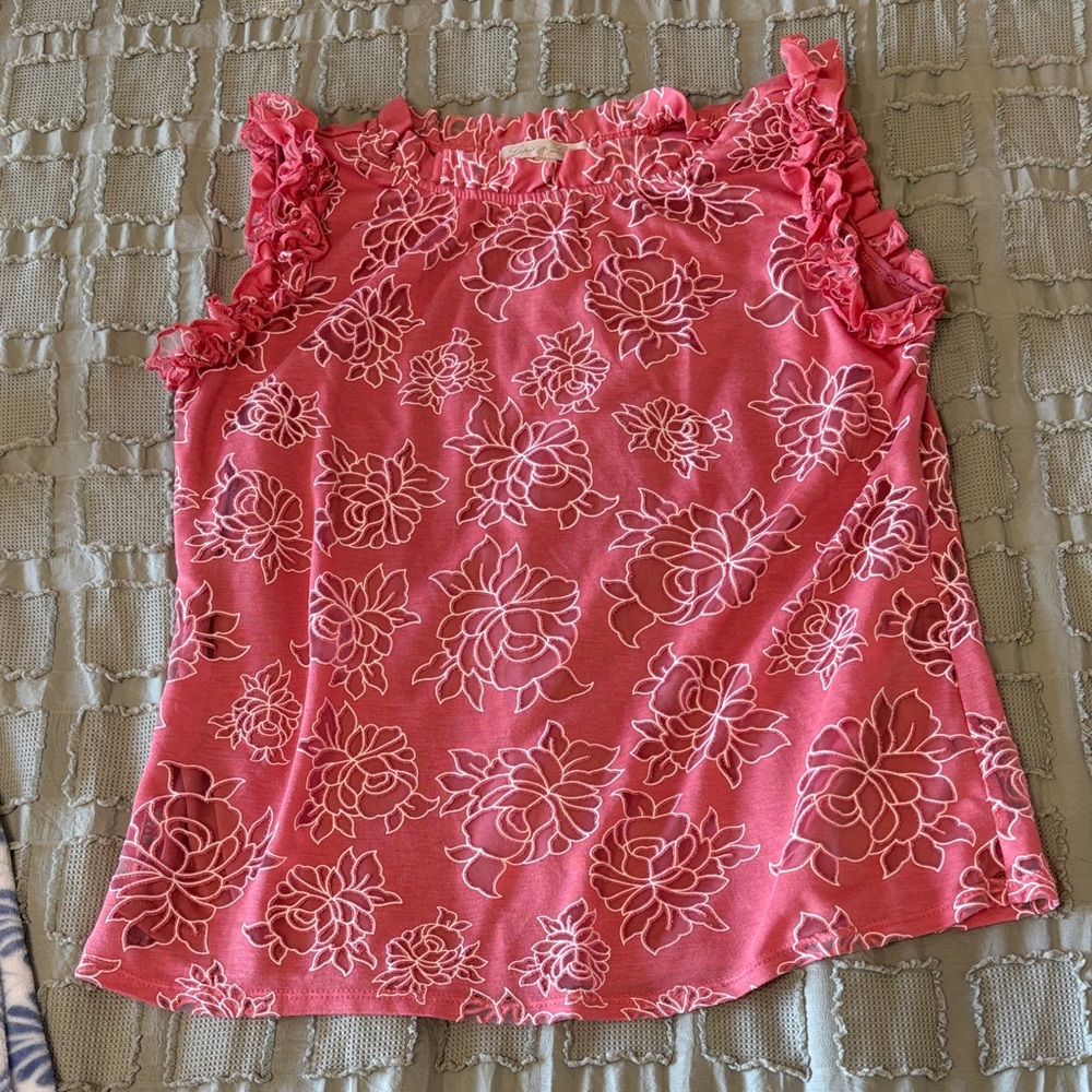 Beautiful Floral Pink Sleeveless Top with ruffle trim